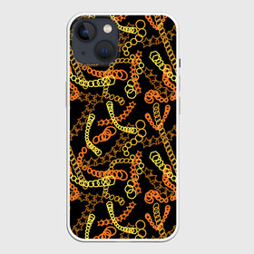 Чехол для iPhone 13 с принтом Цветные цепи, абстракция в Петрозаводске,  |  | Тематика изображения на принте: абстракция | виртуальность | желтые | звезды | змеи | кольца | коричневые | круги | оранжевые | паттерн | разные | цветные | цепи | черный фон