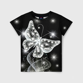 Детская футболка 3D с принтом Белая бабочка в Петрозаводске, 100% гипоаллергенный полиэфир | прямой крой, круглый вырез горловины, длина до линии бедер, чуть спущенное плечо, ткань немного тянется | бабочка | блестки | блестящая бабочка | черно белое