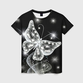 Женская футболка 3D с принтом Белая бабочка в Петрозаводске, 100% полиэфир ( синтетическое хлопкоподобное полотно) | прямой крой, круглый вырез горловины, длина до линии бедер | бабочка | блестки | блестящая бабочка | черно белое