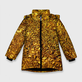 Зимняя куртка для девочек 3D с принтом Сусальное золото в Петрозаводске, ткань верха — 100% полиэстер; подклад — 100% полиэстер, утеплитель — 100% полиэстер. | длина ниже бедра, удлиненная спинка, воротник стойка и отстегивающийся капюшон. Есть боковые карманы с листочкой на кнопках, утяжки по низу изделия и внутренний карман на молнии. 

Предусмотрены светоотражающий принт на спинке, радужный светоотражающий элемент на пуллере молнии и на резинке для утяжки. | gold | золото | золотой | мятая | сусальное | фольга