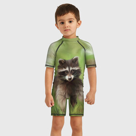 Детский купальный костюм 3D с принтом Лесной енот в Петрозаводске, Полиэстер 85%, Спандекс 15% | застежка на молнии на спине | racoon | домашний енот | енот полоскун | енотик | еноты | семейство енотовых