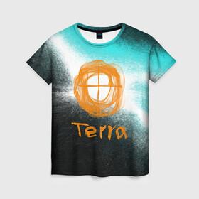 Женская футболка 3D с принтом Terra в Петрозаводске, 100% полиэфир ( синтетическое хлопкоподобное полотно) | прямой крой, круглый вырез горловины, длина до линии бедер | белый | земля | знак | оранжевый | символ | терра | черный