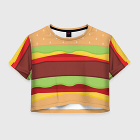 Женская футболка Crop-top 3D с принтом Бутерброд в Петрозаводске, 100% полиэстер | круглая горловина, длина футболки до линии талии, рукава с отворотами | background | burger | fast food | food | hamburger | sandwich | texture | будет | бургер | бутерброд | гамбургер | еда | текстура | фастфуд | фон