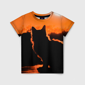 Детская футболка 3D с принтом Котенок на фоне заката в Петрозаводске, 100% гипоаллергенный полиэфир | прямой крой, круглый вырез горловины, длина до линии бедер, чуть спущенное плечо, ткань немного тянется | закат | кот | котенок | кошка | солнце