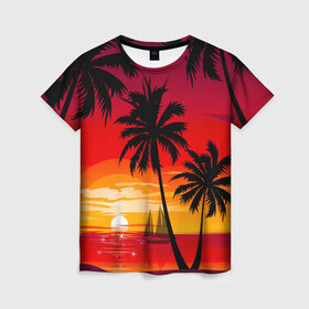 Женская футболка 3D с принтом Гавайский закат в Петрозаводске, 100% полиэфир ( синтетическое хлопкоподобное полотно) | прямой крой, круглый вырез горловины, длина до линии бедер | гавайи | закат | корабль | лето | море | отдых | пальмы | пейзаж | песок | пляж | природа | тропики