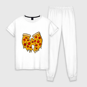 Женская пижама хлопок с принтом Wu-Tang Pizza в Петрозаводске, 100% хлопок | брюки и футболка прямого кроя, без карманов, на брюках мягкая резинка на поясе и по низу штанин | black | hiphop | method man | music | new york | nyc | odb | old school | pizza | rap | rza | wu tang clan | wutang | ву тэнг | граффити | микрофон | музыка | нью йорк | пицца | рэп | рэпер | хипхоп
