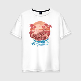 Женская футболка хлопок Oversize с принтом Summer paradise / Летний рай в Петрозаводске, 100% хлопок | свободный крой, круглый ворот, спущенный рукав, длина до линии бедер
 | beach | palm | sea | summer | волны | жара | летние | лето | море | пальмы | пляж | фламинго
