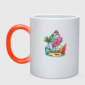 Кружка хамелеон с принтом Фламинго на пляже в Петрозаводске, керамика | меняет цвет при нагревании, емкость 330 мл | beach | palm | sea | summer | волны | жара | летние | лето | море | пальмы | пляж | серфинг | фламинго