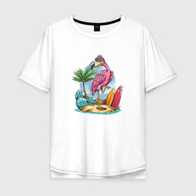 Мужская футболка хлопок Oversize с принтом Фламинго на пляже в Петрозаводске, 100% хлопок | свободный крой, круглый ворот, “спинка” длиннее передней части | beach | palm | sea | summer | волны | жара | летние | лето | море | пальмы | пляж | серфинг | фламинго