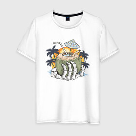 Мужская футболка хлопок с принтом Тропический коктейль в Петрозаводске, 100% хлопок | прямой крой, круглый вырез горловины, длина до линии бедер, слегка спущенное плечо. | beach | palm | sea | summer | волны | жара | коктейль | летние | лето | море | пальмы | пляж | тропический