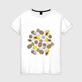 Женская футболка хлопок с принтом ананас папайя кокос в Петрозаводске, 100% хлопок | прямой крой, круглый вырез горловины, длина до линии бедер, слегка спущенное плечо | ананас | ананасик | веган | вегетарианец | вегетарианство | здоровое питание | кокос | надписи | папайя | папая | рисунок | фрукты | фруторианец | фруторианство | экзотические