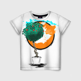 Детская футболка 3D с принтом Дерево (рисунок красками) в Петрозаводске, 100% гипоаллергенный полиэфир | прямой крой, круглый вырез горловины, длина до линии бедер, чуть спущенное плечо, ткань немного тянется | дерево | зеленый | зелень | искусство | краски | оранжевый | пейзаж | растение | рисунок | современный дизайн | современный стиль | солнце