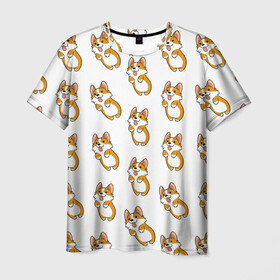 Мужская футболка 3D с принтом Собаки | Корги в Петрозаводске, 100% полиэфир | прямой крой, круглый вырез горловины, длина до линии бедер | голубая | корги | косточки | пес | псина | собаки | собачки | щенки