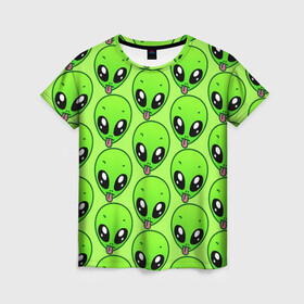 Женская футболка 3D с принтом Инопланетяне в Петрозаводске, 100% полиэфир ( синтетическое хлопкоподобное полотно) | прямой крой, круглый вырез горловины, длина до линии бедер | детская | зелёный человек | инопланетяне | инопланетянин | кислотно зеленая | летняя | лето | нло | пришелец | пришельцы | солнце | язык
