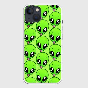 Чехол для iPhone 13 с принтом Инопланетяне в Петрозаводске,  |  | детская | зелёный человек | инопланетяне | инопланетянин | кислотно зеленая | летняя | лето | нло | пришелец | пришельцы | солнце | язык