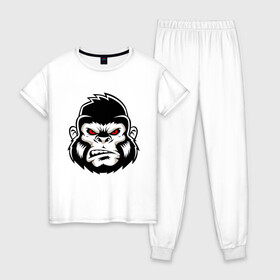 Женская пижама хлопок с принтом Bad Monkey в Петрозаводске, 100% хлопок | брюки и футболка прямого кроя, без карманов, на брюках мягкая резинка на поясе и по низу штанин | animal | beast | gorilla | monkey | горилла | животные | зверь | конг | обезьяна | природа | хищник