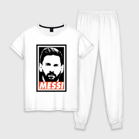 Женская пижама хлопок с принтом Obey Messi в Петрозаводске, 100% хлопок | брюки и футболка прямого кроя, без карманов, на брюках мягкая резинка на поясе и по низу штанин | argentina | barca | barcelona | football | lionel | messi | spain | sport | аргентина | барса | барселона | гол | золотой мяч | игрок | испания | камп ноу | лионель | месси | мяч | спорт | тренер | футбол | чемпион | чемпионат