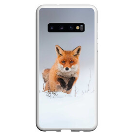 Чехол для Samsung Galaxy S10 с принтом Лисица прыгает по снегу в Петрозаводске, Силикон | Область печати: задняя сторона чехла, без боковых панелей | Тематика изображения на принте: fox | foxy | животное | звери | лиса | лисенок | лисичка | милая | рыжая | фокс