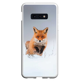 Чехол для Samsung S10E с принтом Лисица прыгает по снегу в Петрозаводске, Силикон | Область печати: задняя сторона чехла, без боковых панелей | Тематика изображения на принте: fox | foxy | животное | звери | лиса | лисенок | лисичка | милая | рыжая | фокс