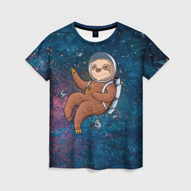 Женская футболка 3D с принтом Милый ленивец в космосе в Петрозаводске, 100% полиэфир ( синтетическое хлопкоподобное полотно) | прямой крой, круглый вырез горловины, длина до линии бедер | nasa | космонавт | космос | ленивец | метеориты | милый | наса