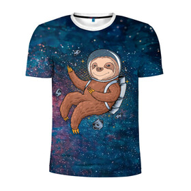 Мужская футболка 3D спортивная с принтом Милый ленивец в космосе в Петрозаводске, 100% полиэстер с улучшенными характеристиками | приталенный силуэт, круглая горловина, широкие плечи, сужается к линии бедра | nasa | космонавт | космос | ленивец | метеориты | милый | наса