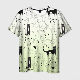 Мужская футболка 3D с принтом узор простые рисунки котов в Петрозаводске, 100% полиэфир | прямой крой, круглый вырез горловины, длина до линии бедер | ветеринару | градиент | коты | котята | кошатнику | кошки | любителю кошек | мило | минимализм | мяу | примитив | рисованные котики | рисунок
