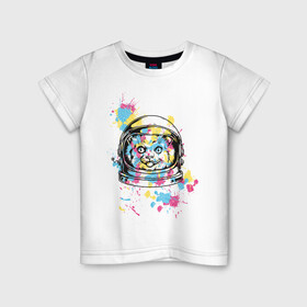 Детская футболка хлопок с принтом Космокот в Петрозаводске, 100% хлопок | круглый вырез горловины, полуприлегающий силуэт, длина до линии бедер | астронавт | вселенная | кляксы | космонавт | космонавтика | космос | краска | полёт | разноцветный | скафандр | шлем