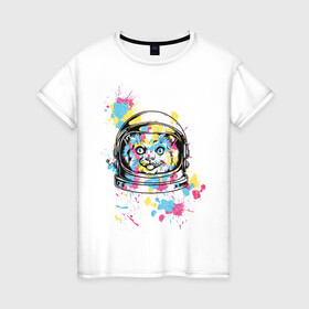 Женская футболка хлопок с принтом Космокот в Петрозаводске, 100% хлопок | прямой крой, круглый вырез горловины, длина до линии бедер, слегка спущенное плечо | астронавт | вселенная | кляксы | космонавт | космонавтика | космос | краска | полёт | разноцветный | скафандр | шлем