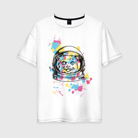 Женская футболка хлопок Oversize с принтом Космокот в Петрозаводске, 100% хлопок | свободный крой, круглый ворот, спущенный рукав, длина до линии бедер
 | астронавт | вселенная | кляксы | космонавт | космонавтика | космос | краска | полёт | разноцветный | скафандр | шлем