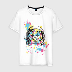 Мужская футболка хлопок с принтом Космокот в Петрозаводске, 100% хлопок | прямой крой, круглый вырез горловины, длина до линии бедер, слегка спущенное плечо. | астронавт | вселенная | кляксы | космонавт | космонавтика | космос | краска | полёт | разноцветный | скафандр | шлем