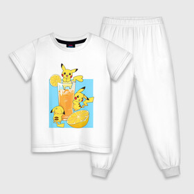 Детская пижама хлопок с принтом Пикачу в лимонаде в Петрозаводске, 100% хлопок |  брюки и футболка прямого кроя, без карманов, на брюках мягкая резинка на поясе и по низу штанин
 | Тематика изображения на принте: anime | picachu | pikachu | аниме | красная шапочка | милый | пика | пикачу | покебол | покемон