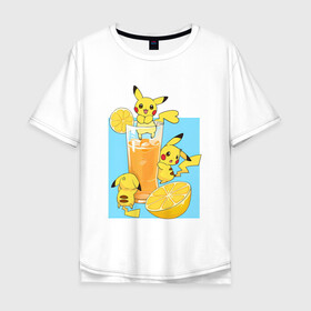 Мужская футболка хлопок Oversize с принтом Пикачу в лимонаде в Петрозаводске, 100% хлопок | свободный крой, круглый ворот, “спинка” длиннее передней части | anime | picachu | pikachu | аниме | красная шапочка | милый | пика | пикачу | покебол | покемон
