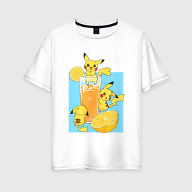 Женская футболка хлопок Oversize с принтом Пикачу в лимонаде в Петрозаводске, 100% хлопок | свободный крой, круглый ворот, спущенный рукав, длина до линии бедер
 | anime | picachu | pikachu | аниме | красная шапочка | милый | пика | пикачу | покебол | покемон