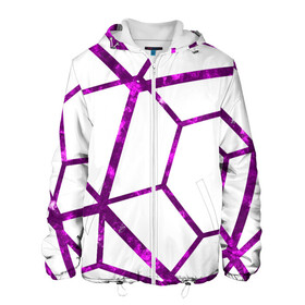 Мужская куртка 3D с принтом Hexagon в Петрозаводске, ткань верха — 100% полиэстер, подклад — флис | прямой крой, подол и капюшон оформлены резинкой с фиксаторами, два кармана без застежек по бокам, один большой потайной карман на груди. Карман на груди застегивается на липучку | hexagon | lines | purple | violet | линии | фиолетовый многоугольник | шестиугольник