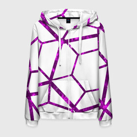 Мужская толстовка 3D на молнии с принтом Hexagon в Петрозаводске, 100% полиэстер | длина до линии бедра, манжеты и пояс оформлены мягкой тканевой резинкой, двухслойный капюшон со шнурком для регулировки, спереди молния, по бокам два кармана | hexagon | lines | purple | violet | линии | фиолетовый многоугольник | шестиугольник
