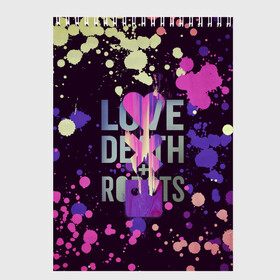 Скетчбук (блокнот) с принтом Love Death and Robots в Петрозаводске, 100% бумага
 | 48 листов, плотность листов — 100 г/м2, плотность картонной обложки — 250 г/м2. Листы скреплены сверху удобной пружинной спиралью | cartoon | death | fantasy | heavy | horror | metal | miller | netflix | robots | tim | witness | любовь | миллер | мультфильм | робот | роботы | тим | ужасы | фэнтези