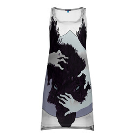 Платье-майка 3D с принтом ВОЛК WOLF в Петрозаводске, 100% полиэстер | полуприлегающий силуэт, широкие бретели, круглый вырез горловины, удлиненный подол сзади. | wolf | арт | белое | белый | волк | волки | волф | вульф | животные | звери | лес | туман | хищник