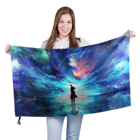 Флаг 3D с принтом Дотянуться до космоса в Петрозаводске, 100% полиэстер | плотность ткани — 95 г/м2, размер — 67 х 109 см. Принт наносится с одной стороны | вода | девушка | дотянуться до космоса | космос | небо