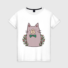 Женская футболка хлопок с принтом торжественный кот в Петрозаводске, 100% хлопок | прямой крой, круглый вырез горловины, длина до линии бедер, слегка спущенное плечо | акварель | бабочка | бантик | галстук | животные | звери | кот | котейка | рисунок | торжественный