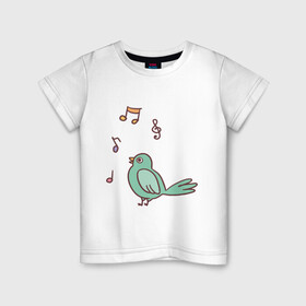 Детская футболка хлопок с принтом птичка зеленая поет в Петрозаводске, 100% хлопок | круглый вырез горловины, полуприлегающий силуэт, длина до линии бедер | весна | зеленый птенчик | мелодия | музыка | ноты | оратор | певец | певица | пение | песня | птенец | птица | птичка | птичужка | радость | рисунок | чив | чирик