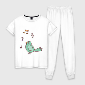 Женская пижама хлопок с принтом птичка зеленая поет в Петрозаводске, 100% хлопок | брюки и футболка прямого кроя, без карманов, на брюках мягкая резинка на поясе и по низу штанин | весна | зеленый птенчик | мелодия | музыка | ноты | оратор | певец | певица | пение | песня | птенец | птица | птичка | птичужка | радость | рисунок | чив | чирик