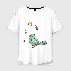 Мужская футболка хлопок Oversize с принтом птичка зеленая поет в Петрозаводске, 100% хлопок | свободный крой, круглый ворот, “спинка” длиннее передней части | весна | зеленый птенчик | мелодия | музыка | ноты | оратор | певец | певица | пение | песня | птенец | птица | птичка | птичужка | радость | рисунок | чив | чирик