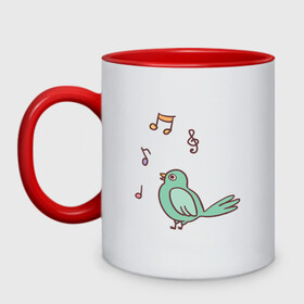 Кружка двухцветная с принтом птичка зеленая поет в Петрозаводске, керамика | объем — 330 мл, диаметр — 80 мм. Цветная ручка и кайма сверху, в некоторых цветах — вся внутренняя часть | Тематика изображения на принте: весна | зеленый птенчик | мелодия | музыка | ноты | оратор | певец | певица | пение | песня | птенец | птица | птичка | птичужка | радость | рисунок | чив | чирик