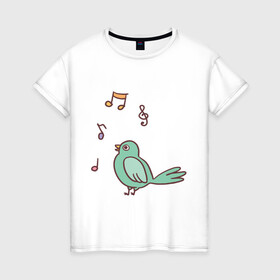 Женская футболка хлопок с принтом птичка зеленая поет в Петрозаводске, 100% хлопок | прямой крой, круглый вырез горловины, длина до линии бедер, слегка спущенное плечо | весна | зеленый птенчик | мелодия | музыка | ноты | оратор | певец | певица | пение | песня | птенец | птица | птичка | птичужка | радость | рисунок | чив | чирик