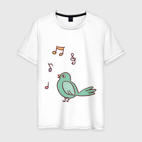 Мужская футболка хлопок с принтом птичка зеленая поет в Петрозаводске, 100% хлопок | прямой крой, круглый вырез горловины, длина до линии бедер, слегка спущенное плечо. | весна | зеленый птенчик | мелодия | музыка | ноты | оратор | певец | певица | пение | песня | птенец | птица | птичка | птичужка | радость | рисунок | чив | чирик