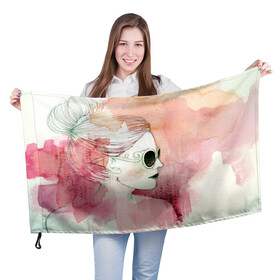 Флаг 3D с принтом Девушка в Петрозаводске, 100% полиэстер | плотность ткани — 95 г/м2, размер — 67 х 109 см. Принт наносится с одной стороны | в очках | девушка | рисунок акварелью | розовая акварель