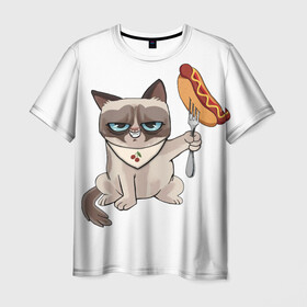 Мужская футболка 3D с принтом Злобный котяу в Петрозаводске, 100% полиэфир | прямой крой, круглый вырез горловины, длина до линии бедер | вилка | голодный кот | еда | злобный кот | сосиска | фастфуд | хот дог