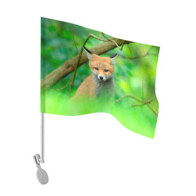 Флаг для автомобиля с принтом Лисенок в зеленом лесу в Петрозаводске, 100% полиэстер | Размер: 30*21 см | fox | foxy | животное | звери | лиса | лисенок | лисичка | милая | рыжая | фокс