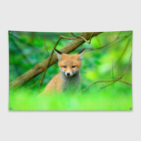 Флаг-баннер с принтом Лисенок в зеленом лесу в Петрозаводске, 100% полиэстер | размер 67 х 109 см, плотность ткани — 95 г/м2; по краям флага есть четыре люверса для крепления | fox | foxy | животное | звери | лиса | лисенок | лисичка | милая | рыжая | фокс
