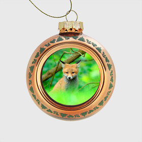 Стеклянный ёлочный шар с принтом Лисенок в зеленом лесу в Петрозаводске, Стекло | Диаметр: 80 мм | fox | foxy | животное | звери | лиса | лисенок | лисичка | милая | рыжая | фокс